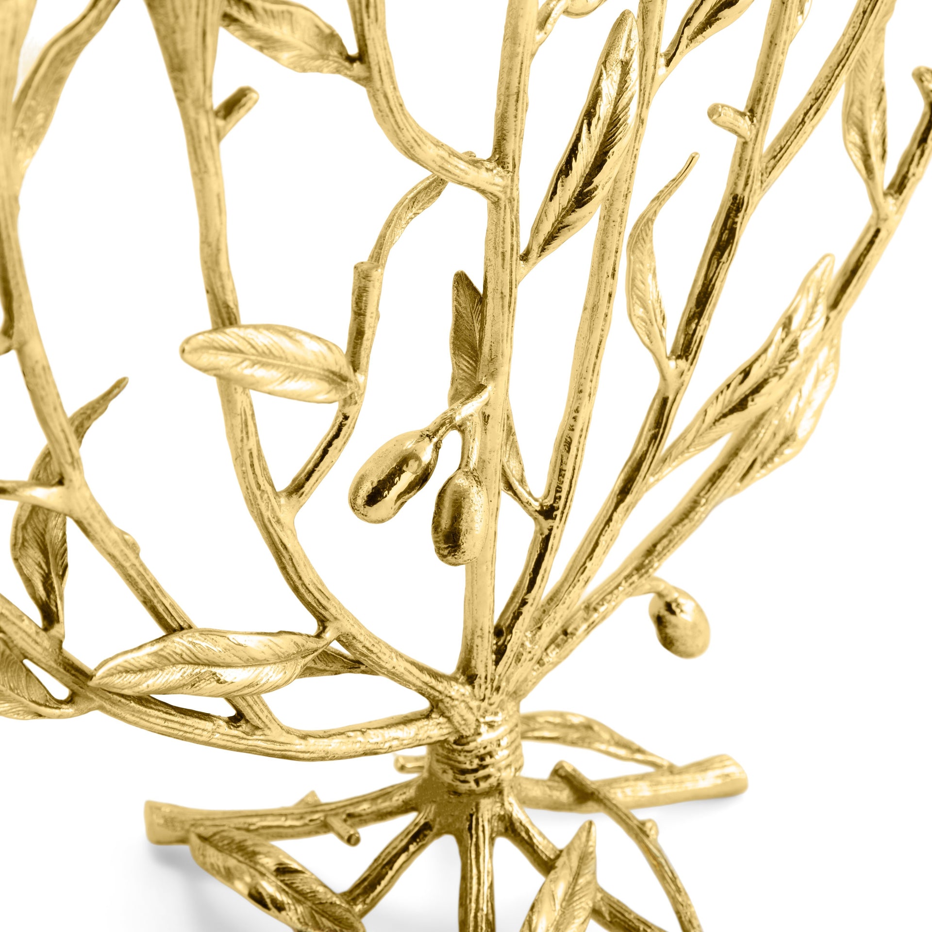 Close-up of a decorative piece from the Michael Aram Olive Branch Judaica Collection, highlighting gold-toned branches, leaves, and olives—an elegant menorah or accent against a white background.