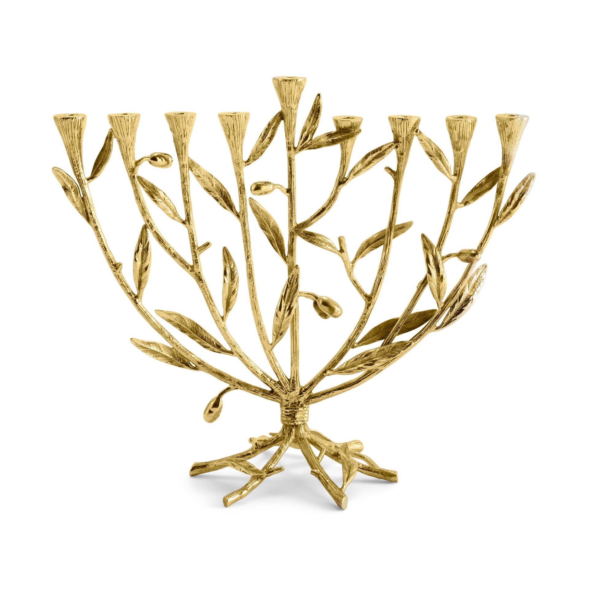 A gold menorah from Michael Aram's Olive Branch Judaica Collection, inspired by olive branches and leaves, features eight candle holders in a row with a ninth elevated holder at the center.