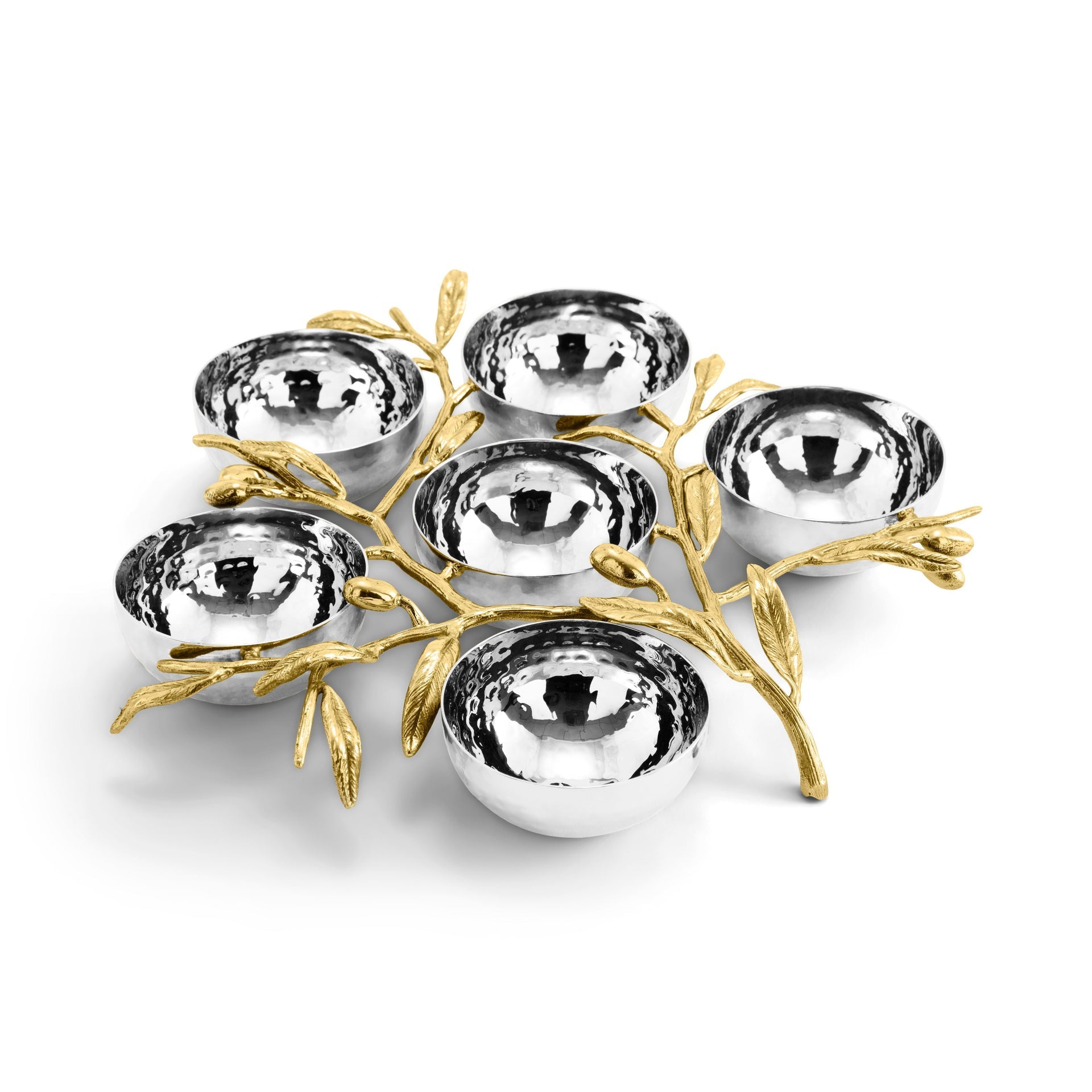 Six round silver bowls from the Michael Aram Olive Branch Judaica Collection are arranged on a decorative gold branch with leaves, set against a white background.