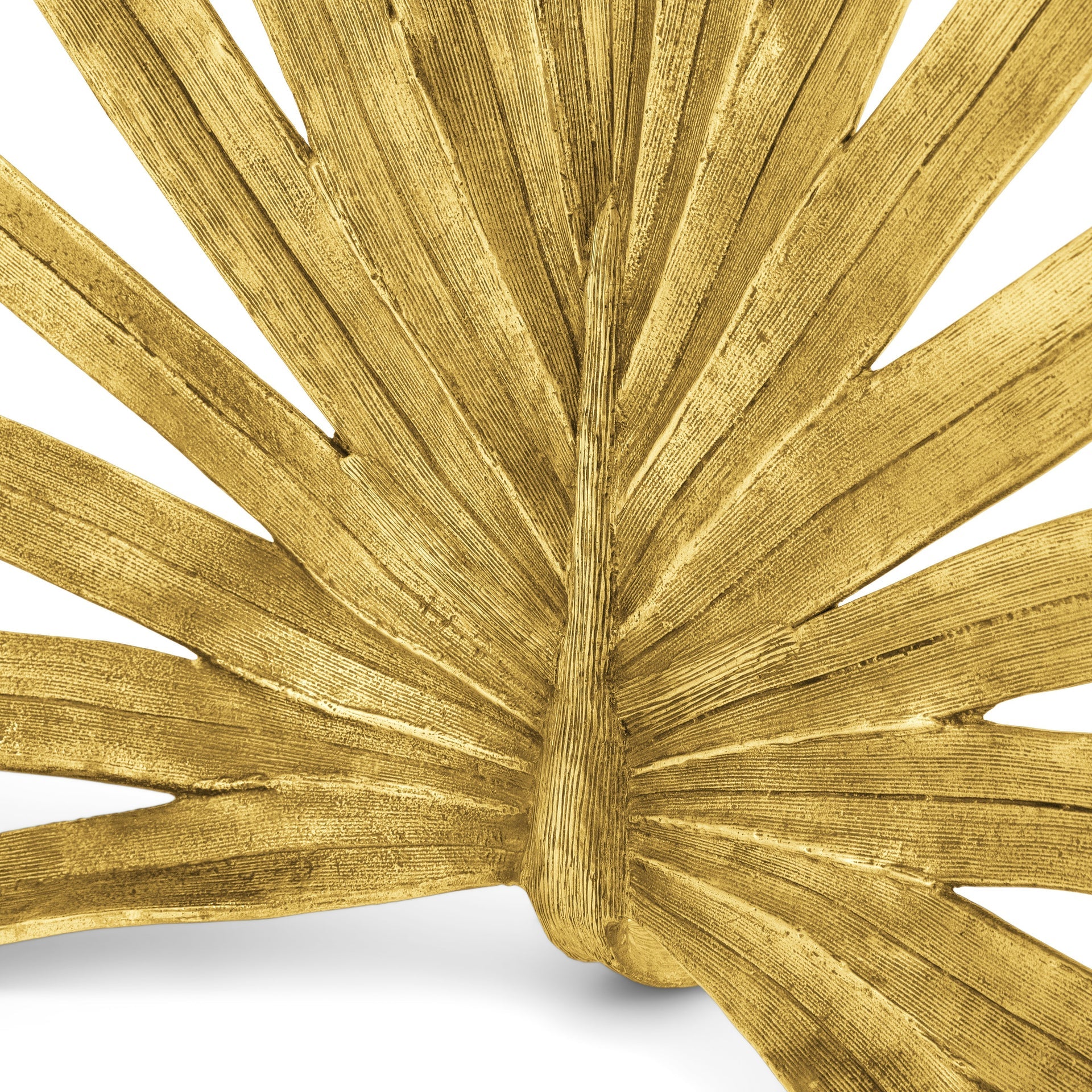 Close-up of the Michael Aram Palm Decorative Fireplace Screen, featuring a gold-colored, textured fan-shaped leaf with an antique gold finish against a white background.