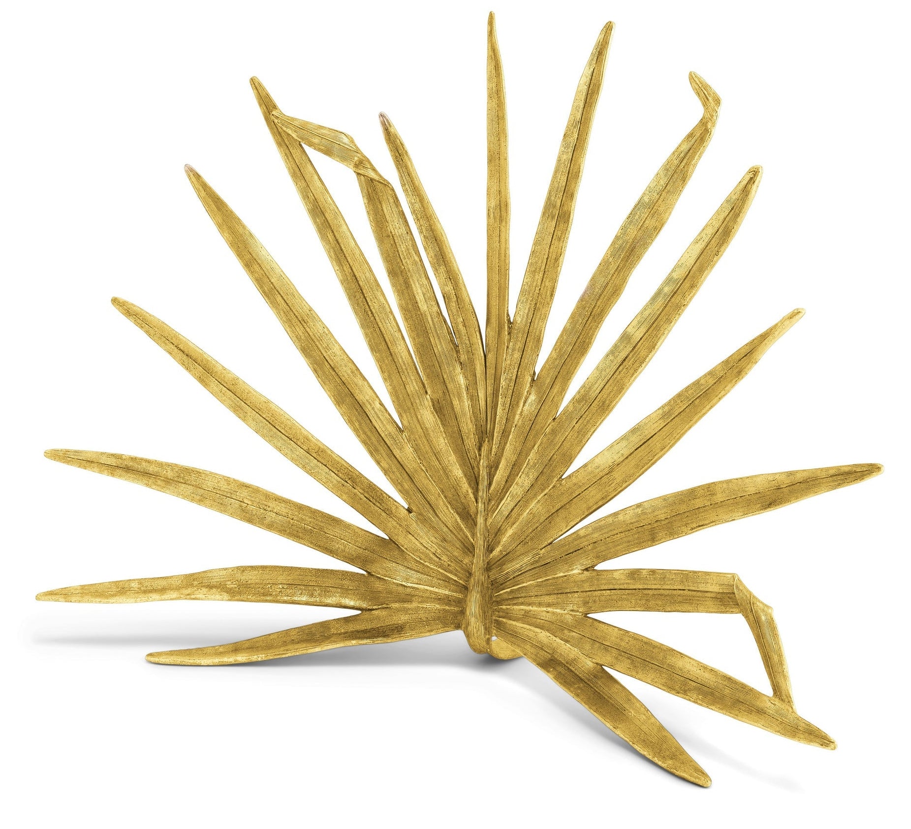 The Michael Aram Palm Decorative Fireplace Screen features a metallic gold, antique-finished design with stylized palm leaf fronds, offering an elegant accent reminiscent of his iconic Palm collection, set against a crisp white backdrop.