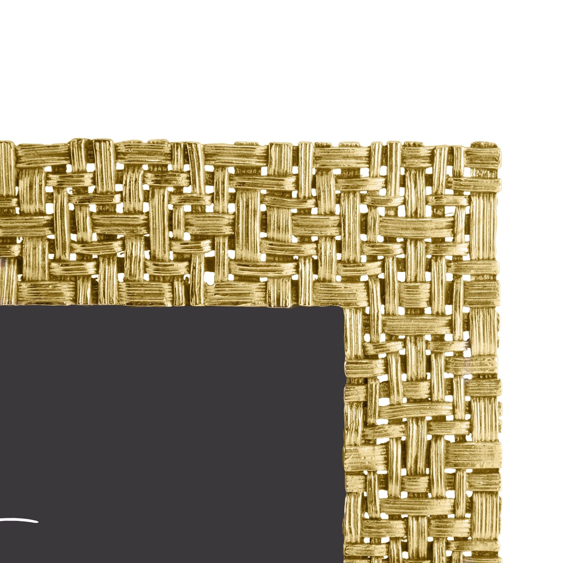 Close-up of the top right corner of a Palm Gold Frame from Michael Aram, featuring sculpted textures and a glimpse of a black photo mat inside.