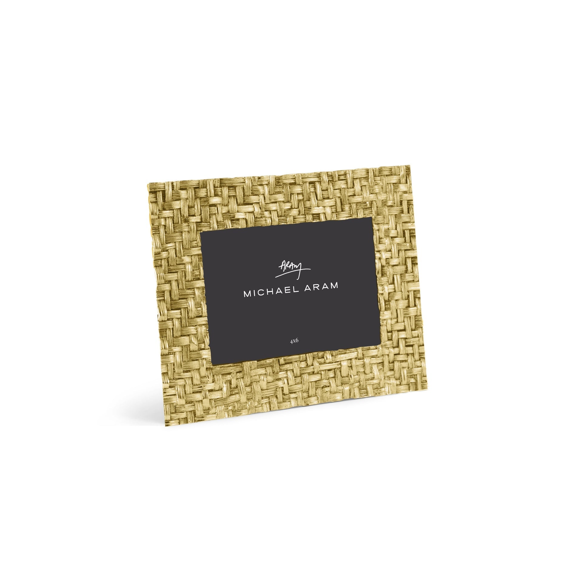 The Palm Gold Frame Collection by Michael Aram features a rectangular gold woven frame with sculpted textures, displaying a black placeholder card labeled "Michael Aram" against a white background.