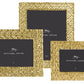 Three Michael Aram Palm Gold Frame Collection picture frames showcase sculpted antique gold textures, arranged overlapping, each with a black placeholder displaying the designer’s logo.