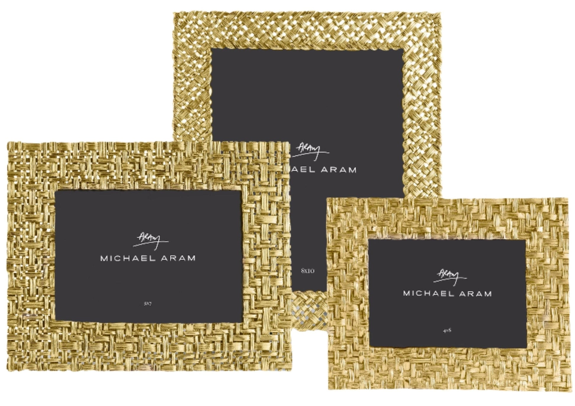 Three Michael Aram Palm Gold Frame Collection picture frames showcase sculpted antique gold textures, arranged overlapping, each with a black placeholder displaying the designer’s logo.