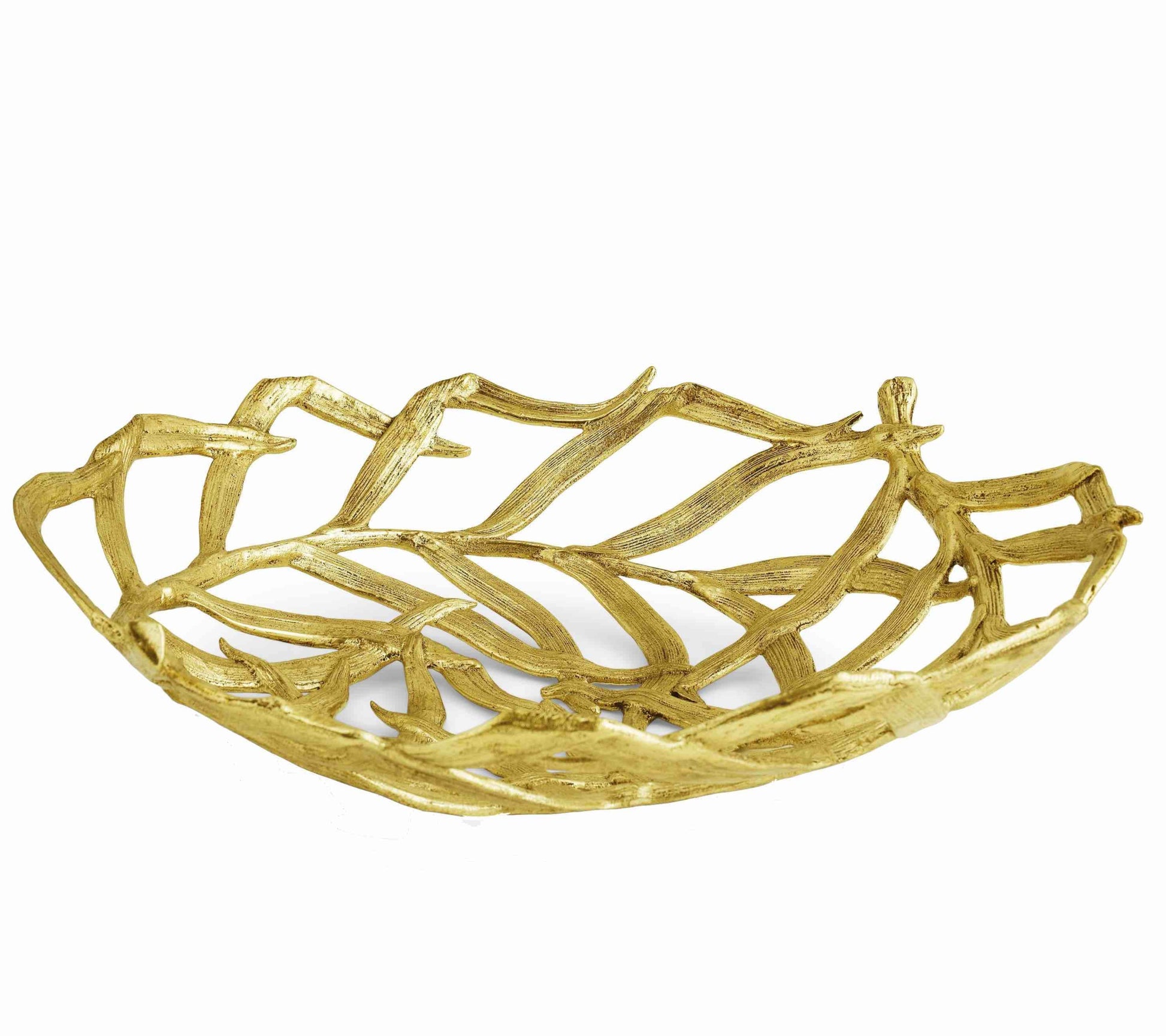Gold decorative bowl from the Palm Serveware Collection by Michael Aram, featuring an antique gold finish with sculpted textures, openwork leaf design, and interwoven branches.
