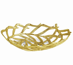 Gold decorative bowl from the Palm Serveware Collection by Michael Aram, featuring an antique gold finish with sculpted textures, openwork leaf design, and interwoven branches.