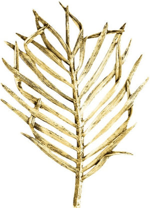 The Michael Aram Palm Trivet features a gold-colored, stylized palm leaf with elongated, pointed fronds and sculpted textures, part of the elegant Palm Collection.