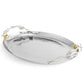 From Michael Aram’s Pomegranate Silver & Gold Serveware Collection, this oval silver serving tray features textured stainless steel, branch-like handles, and goldplate accents for lasting elegance.