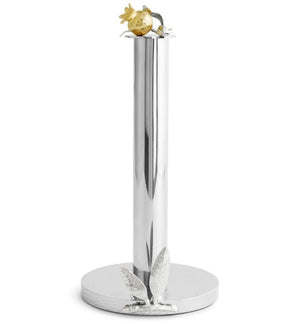 The Michael Aram Pomegranate Silver & Gold Paper Towel Holder features a round base with metallic leaves and a gold pomegranate accent, inspired by ancient symbols.