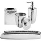 Elevate your bathroom with the Michael Aram Reflective Bath Collection: this five-piece polished stainless steel accessory set features a sleek tray, tissue box, soap dispenser, tumbler, and lidded container—an elegant way to organize your countertop essentials.