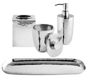 Elevate your bathroom with the Michael Aram Reflective Bath Collection: this five-piece polished stainless steel accessory set features a sleek tray, tissue box, soap dispenser, tumbler, and lidded container—an elegant way to organize your countertop essentials.