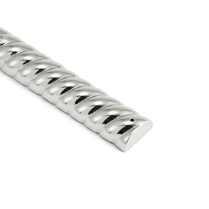 Close-up of the Michael Aram Twist Mezuzah in silver, featuring a twisted metal design with a triangular end, displayed diagonally against a white background and reflecting classical symmetry.