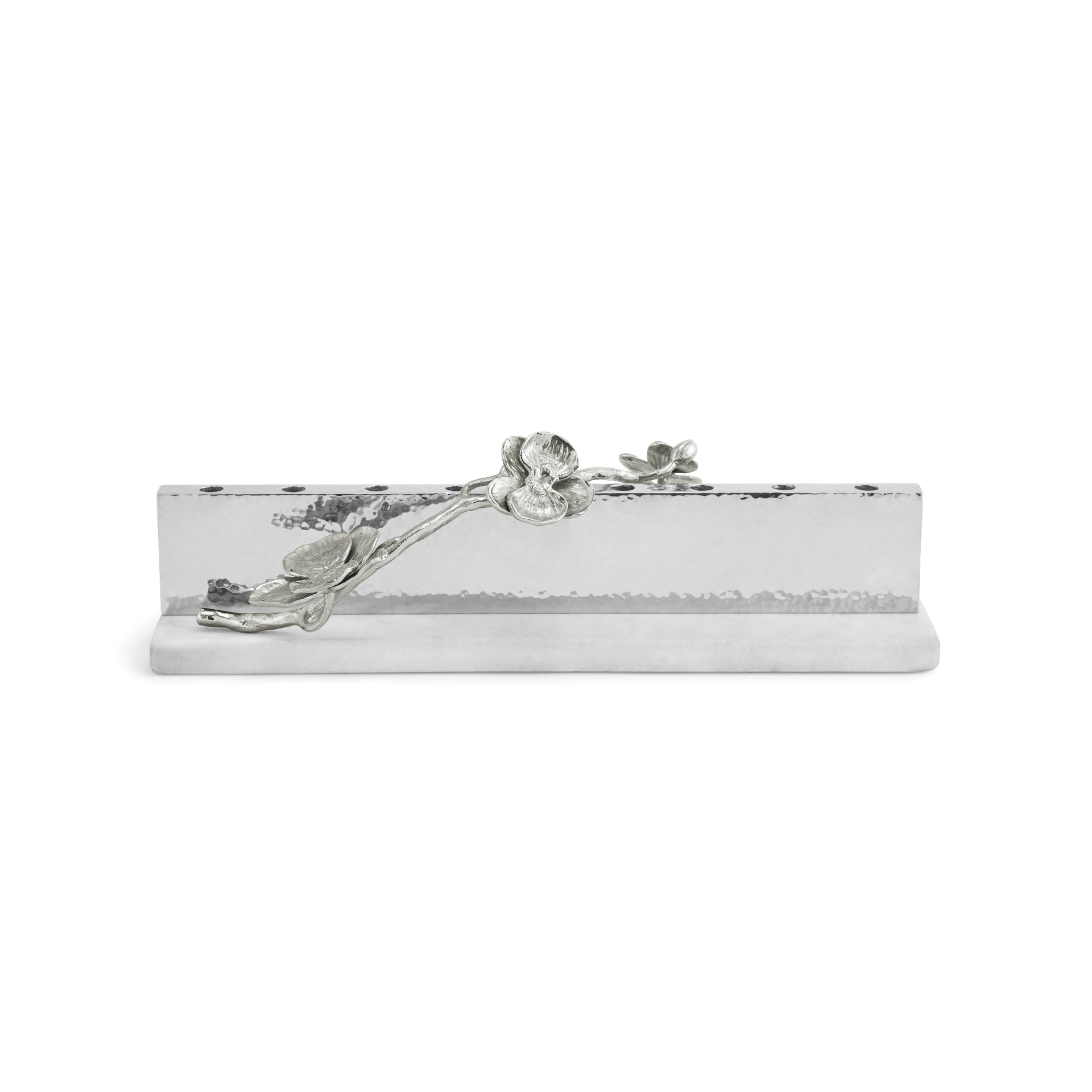 Rectangular clear glass and silver-tone metal card holder with a floral and leaf design on the front, from Michael Aram's elegant White Orchid Judaica Collection.