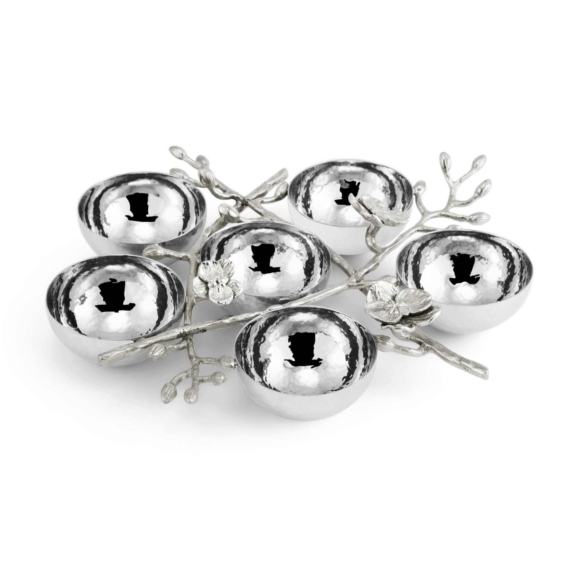 Six silver bowls rest on a branch-like floral metal tray, forming a Seder Plate from the Michael Aram White Orchid Judaica Collection—perfect for the Passover table.