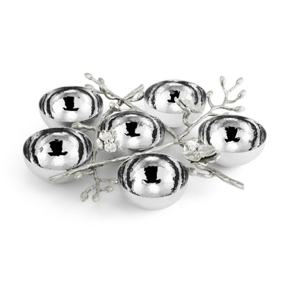 Six silver bowls rest on a branch-like floral metal tray, forming a Seder Plate from the Michael Aram White Orchid Judaica Collection—perfect for the Passover table.