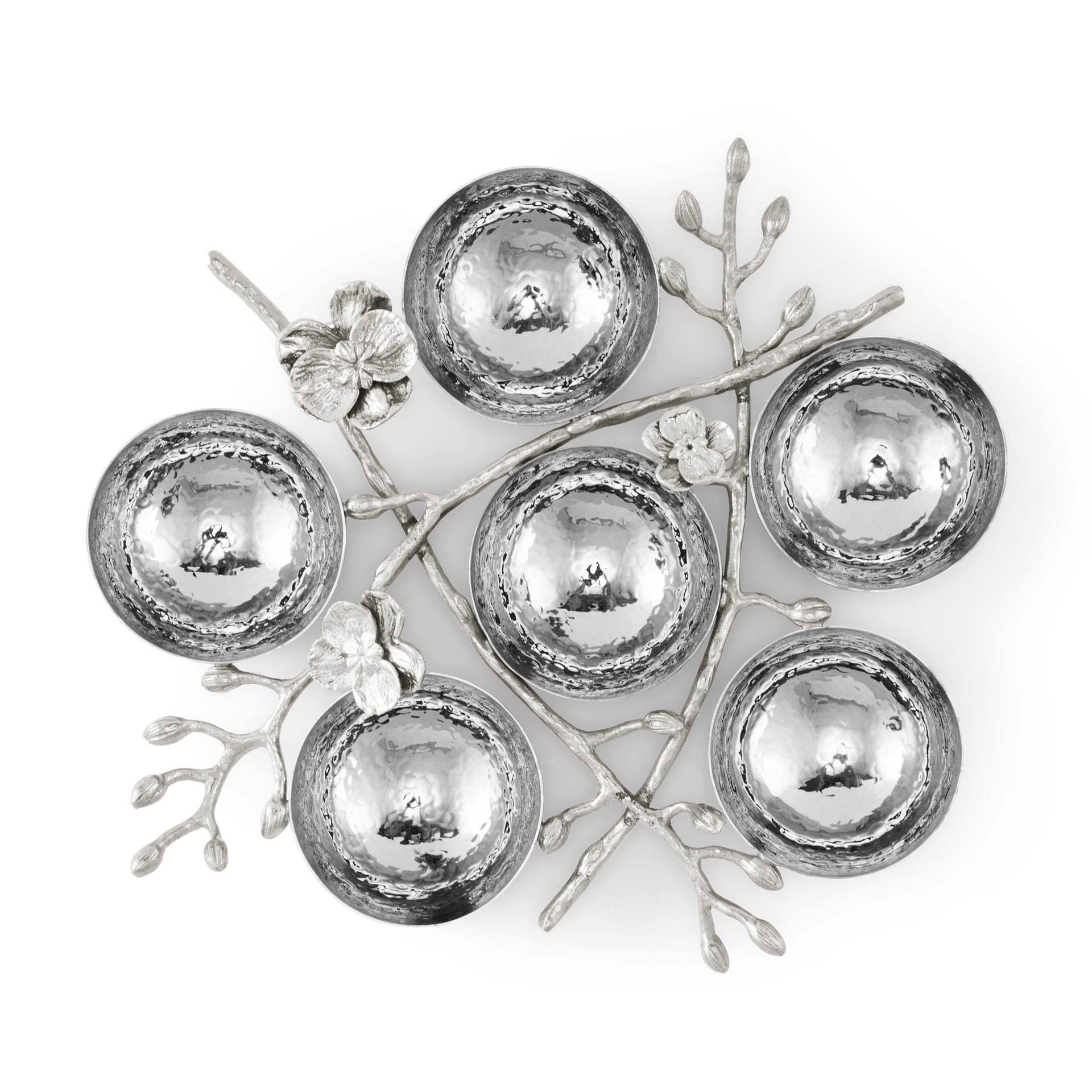 Six metallic bowls form a circular Seder Plate, linked by branches and flowers in a silver finish, from the Michael Aram White Orchid Judaica Collection.