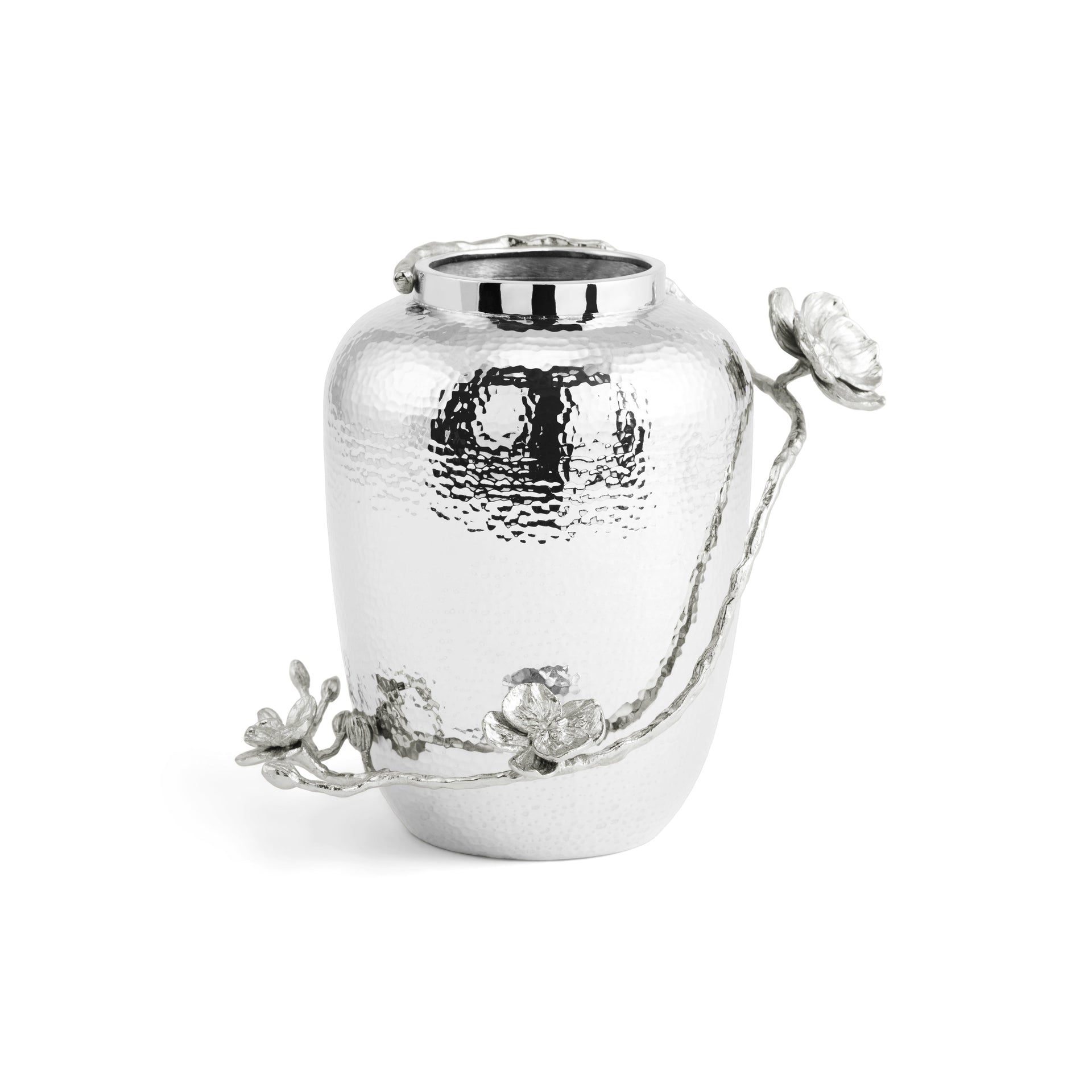 The Michael Aram White Orchid Vase Collection features handcrafted vases with elegant branch and flower details, making each shiny silver piece a striking decorative accent.