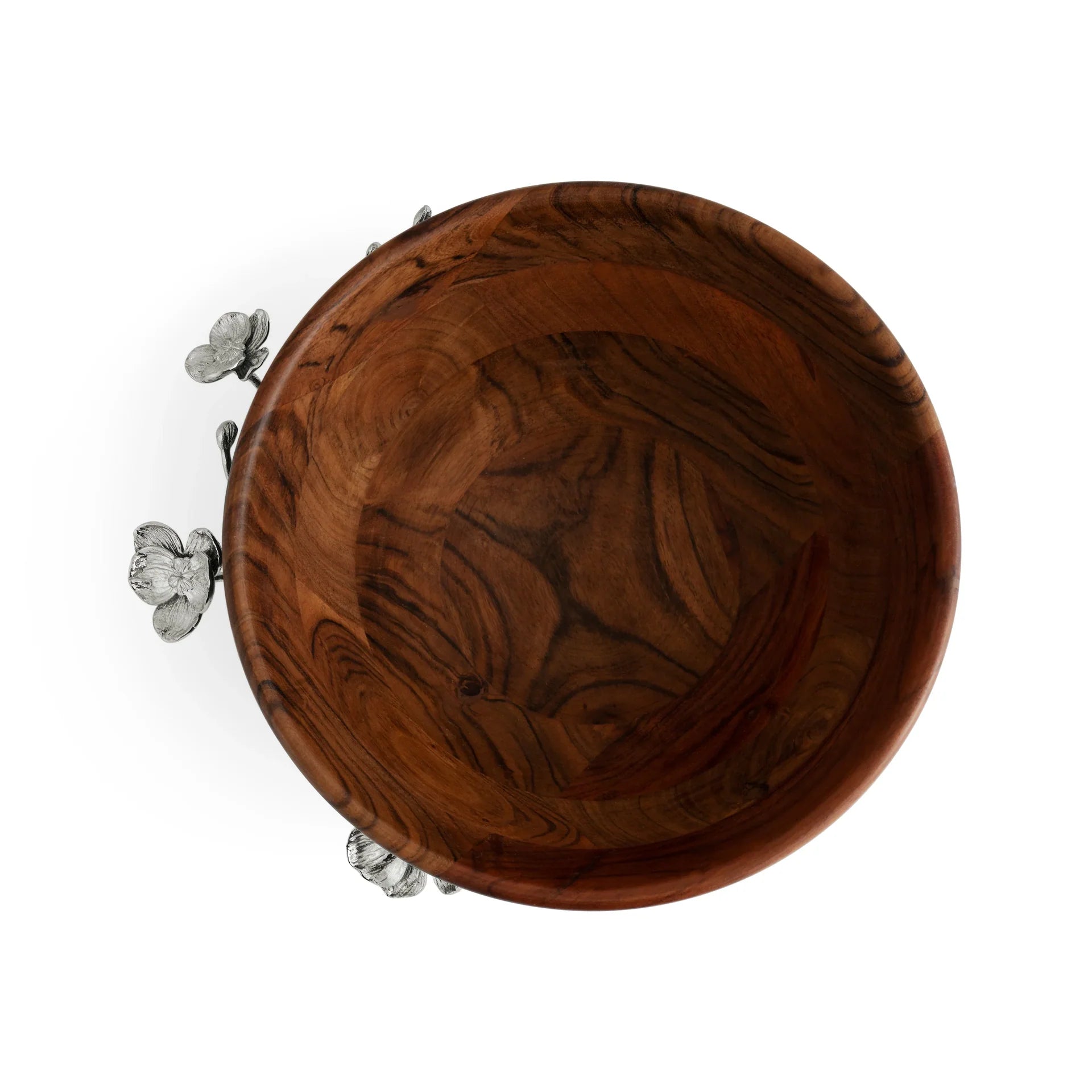 The Michael Aram White Orchid Wood Salad Bowl showcases a round wooden design with a smooth finish and visible grain, elegantly adorned with three silver orchid accents on one side, artfully displayed against a white background.