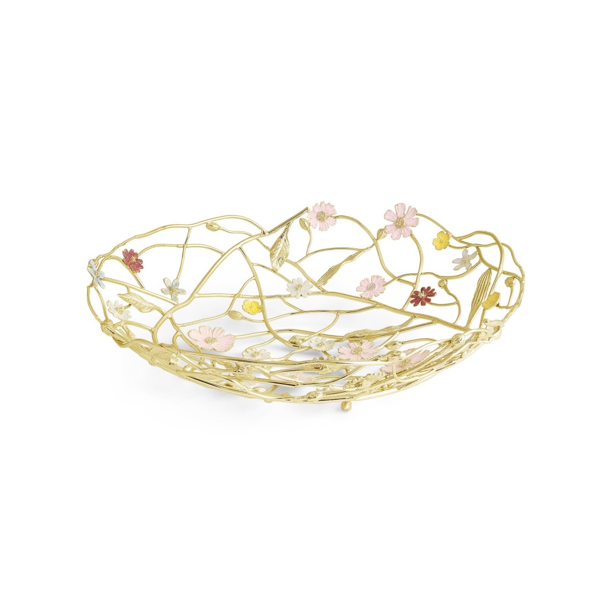 This handcrafted gold metal bowl from the Wildflower Serveware Collection by Michael Aram features an openwork design with pink and yellow flower accents, making it a charming centerpiece for any table.
