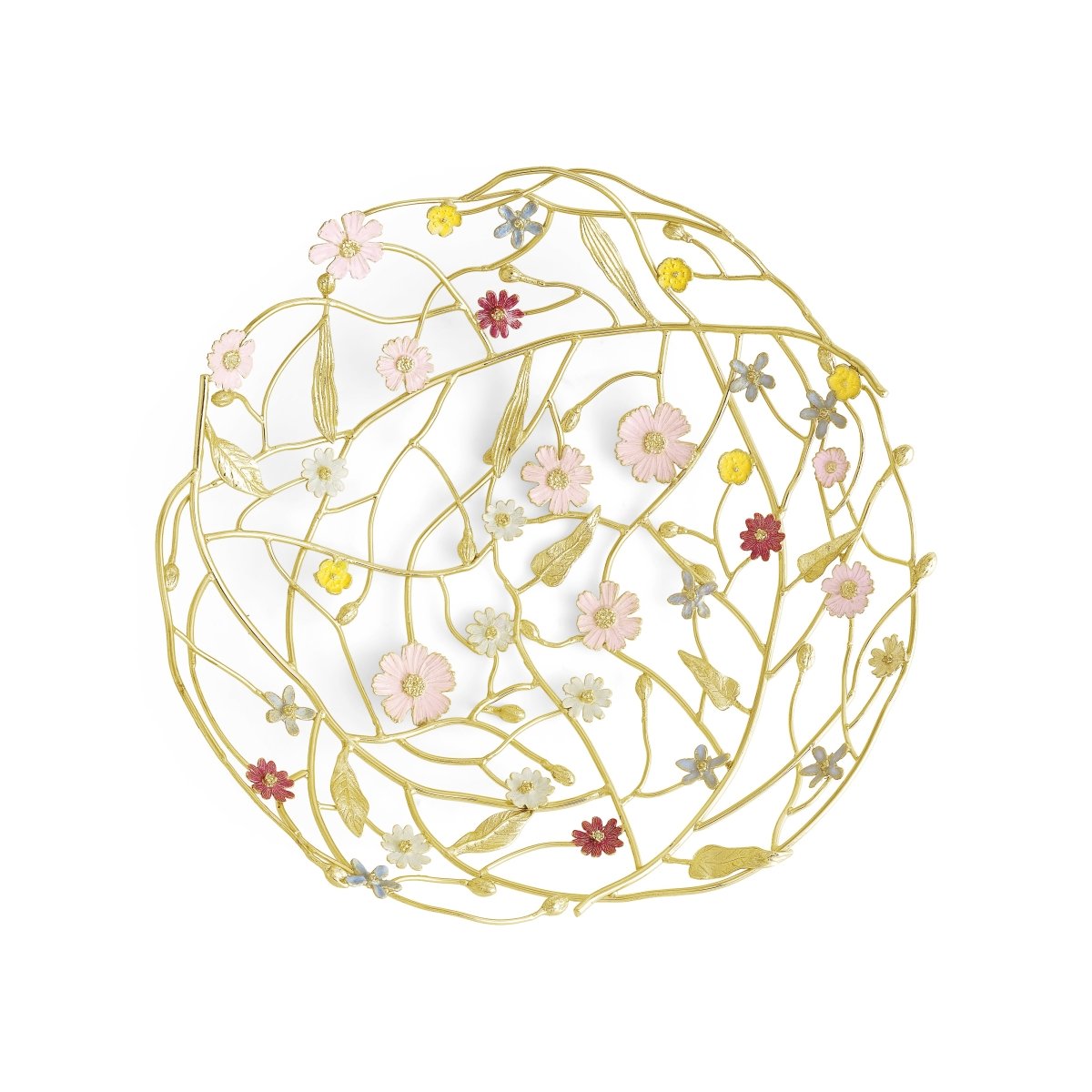 The Michael Aram Wildflower Serveware Collection features a round decorative piece with an intricate gold wire pattern and handcrafted wildflowers in pastel and bright hues—ideal as a unique centerpiece basket.