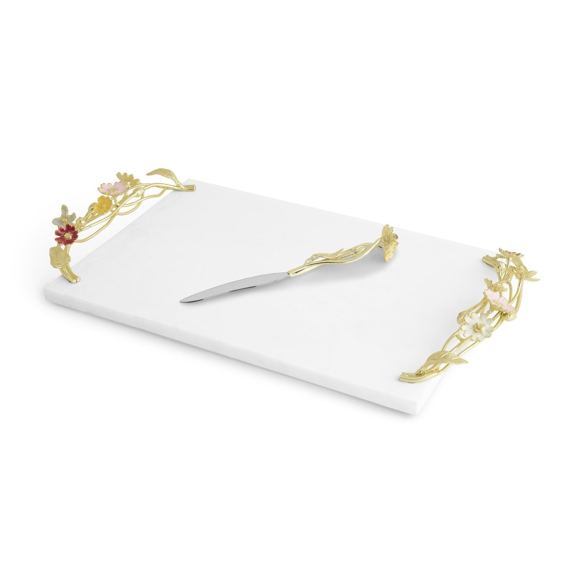 From the Michael Aram Wildflower Serveware Collection: a rectangular white marble tray with ornate gold handles and a matching decorative knife.