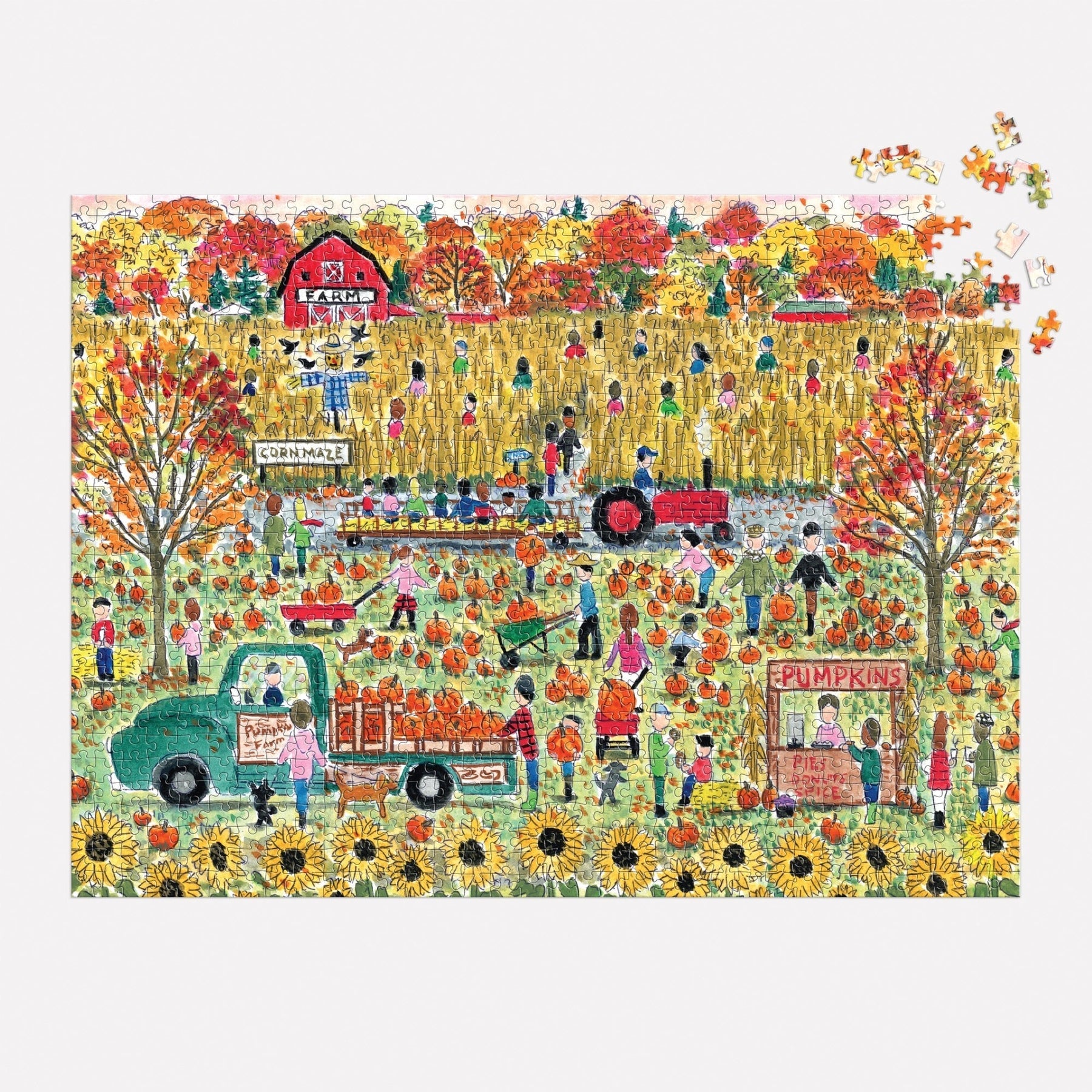 Dive into the Michael Storrings Pumpkin Patch 1,000 Piece Puzzle by Chronicle Books, where you'll piece together a stunning autumnal scene featuring vibrant fall colors of a pumpkin patch, corn maze, and lively farm activities. Delight in cheerful figures exploring among a tractor and an old truck against a breathtaking autumn landscape.