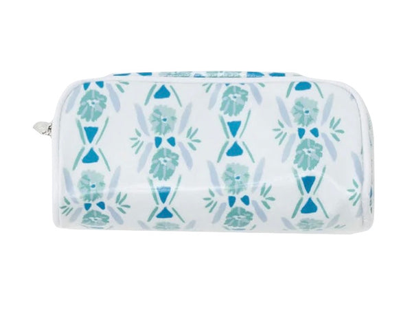 A Weezie Towels Toiletry Bag in Blue/Green Floral Collection with a zipper, isolated on a white background.