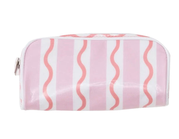 A small, Weezie Towels Toiletry Bag in the Pink/Coral Stripe Collection with a zipper, isolated on a white background.