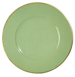 A round, pale green charger plate with a smooth surface and thin gold border from the Charger Collection by Anna Weatherley.