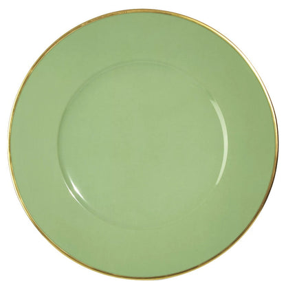A round, pale green charger plate with a smooth surface and thin gold border from the Charger Collection by Anna Weatherley.