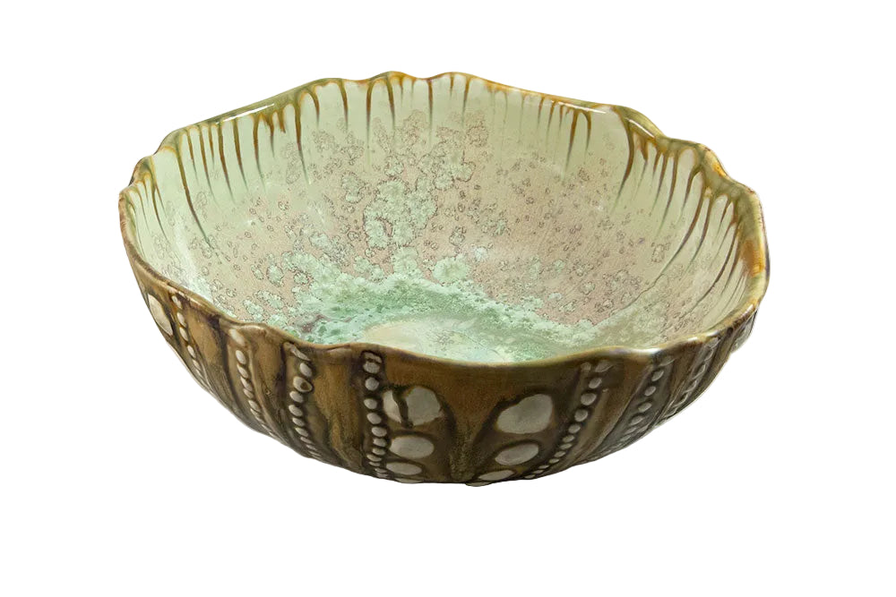 The Sea Urchin Bowl Collection by AE Ceramics features hand-molded ceramic bowls with green and brown glaze, textured exterior, and scalloped rim—unique tabletop pieces for your coastal dinnerware collection. Shown on a white background.