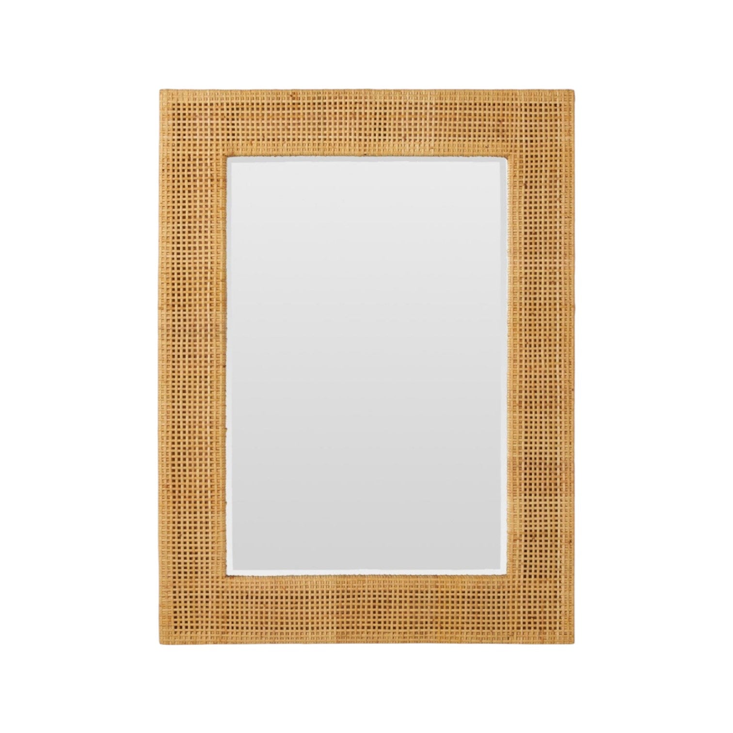 The Isla Mirror by Made Goods features a rectangular rattan frame with a wide, light brown woven border and natural finish, displayed against a plain white background.