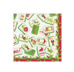 Caspari Christmas Mahjong Cocktail Napkin featuring a pattern of mahjong tiles decorated with Christmas icons, framed by a holly border.