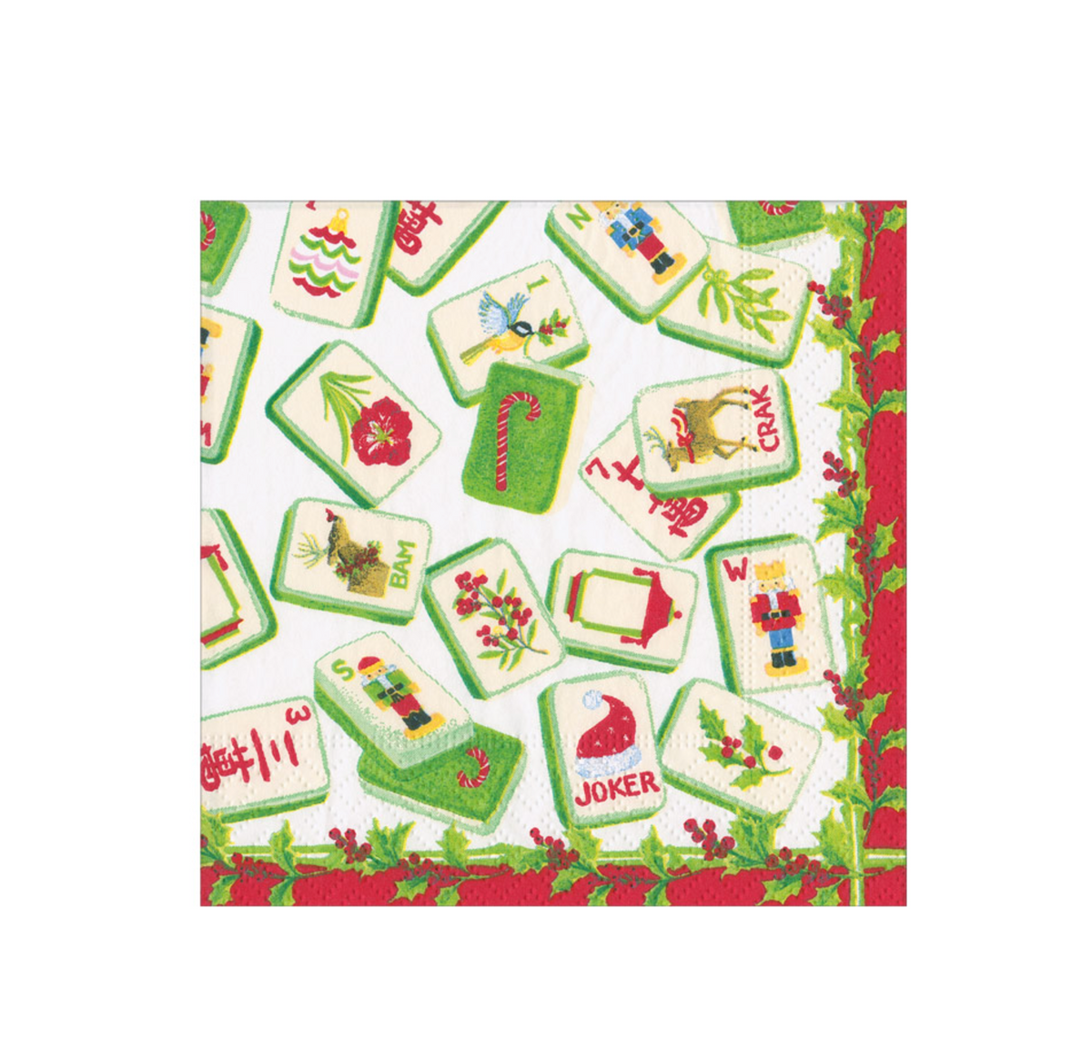 Caspari Christmas Mahjong Cocktail Napkin featuring a pattern of mahjong tiles decorated with Christmas icons, framed by a holly border.