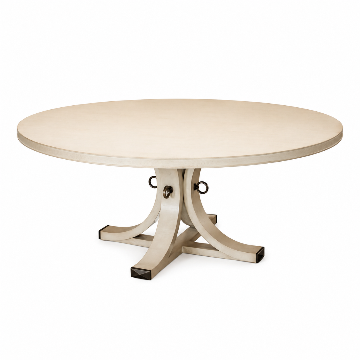 Introducing the Artisan Round Dining Table by Hickory Chair—a beautifully crafted dining piece made from light-toned wood, showcasing a smooth tabletop and a sturdy sculptural pedestal base with four elegantly curved legs accented by striking metal rings.