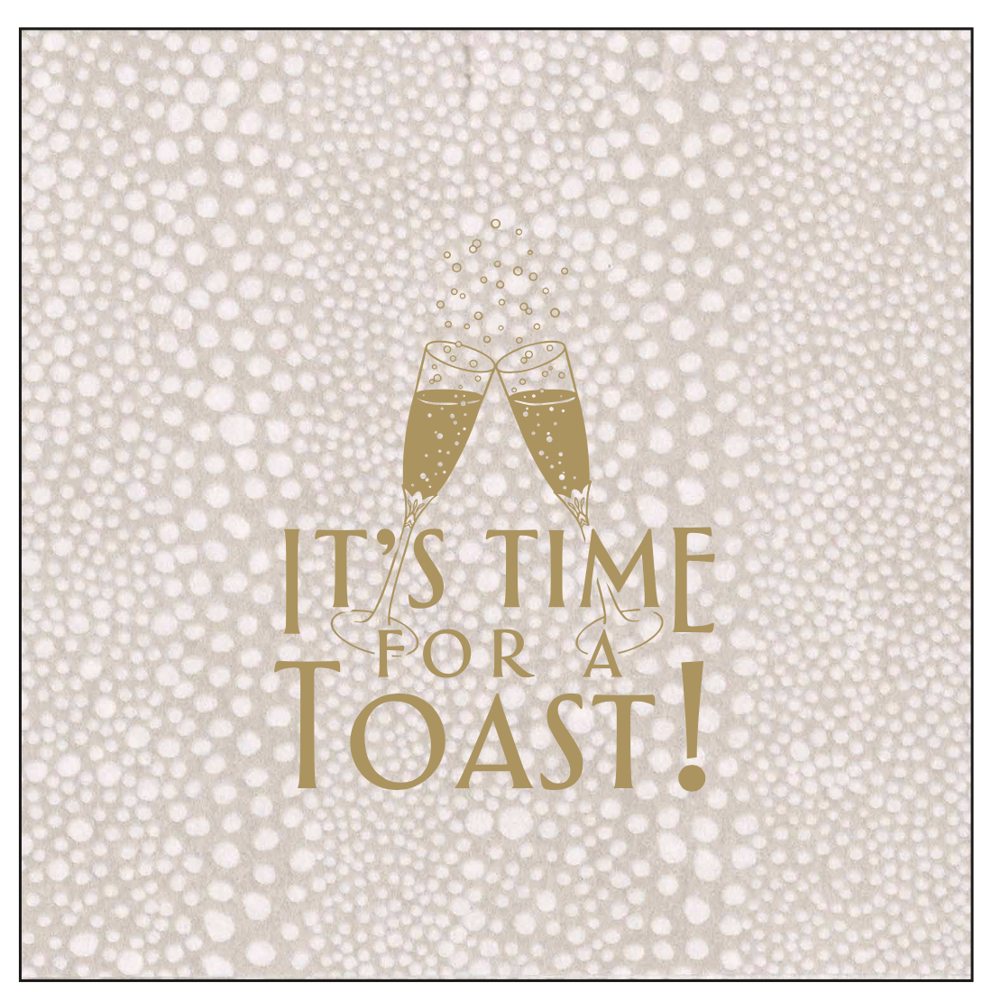 Add a festive touch to your table with Caspari’s "It’s Time for a Toast Napkins," featuring gold text and clinking champagne glasses on a dotted beige background—perfect for parties or elegant gatherings.