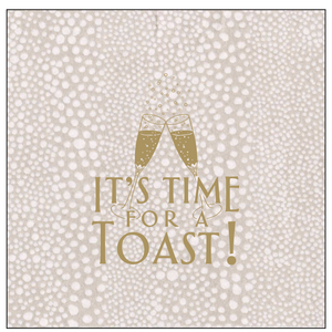 Add a festive touch to your table with Caspari’s "It’s Time for a Toast Napkins," featuring gold text and clinking champagne glasses on a dotted beige background—perfect for parties or elegant gatherings.