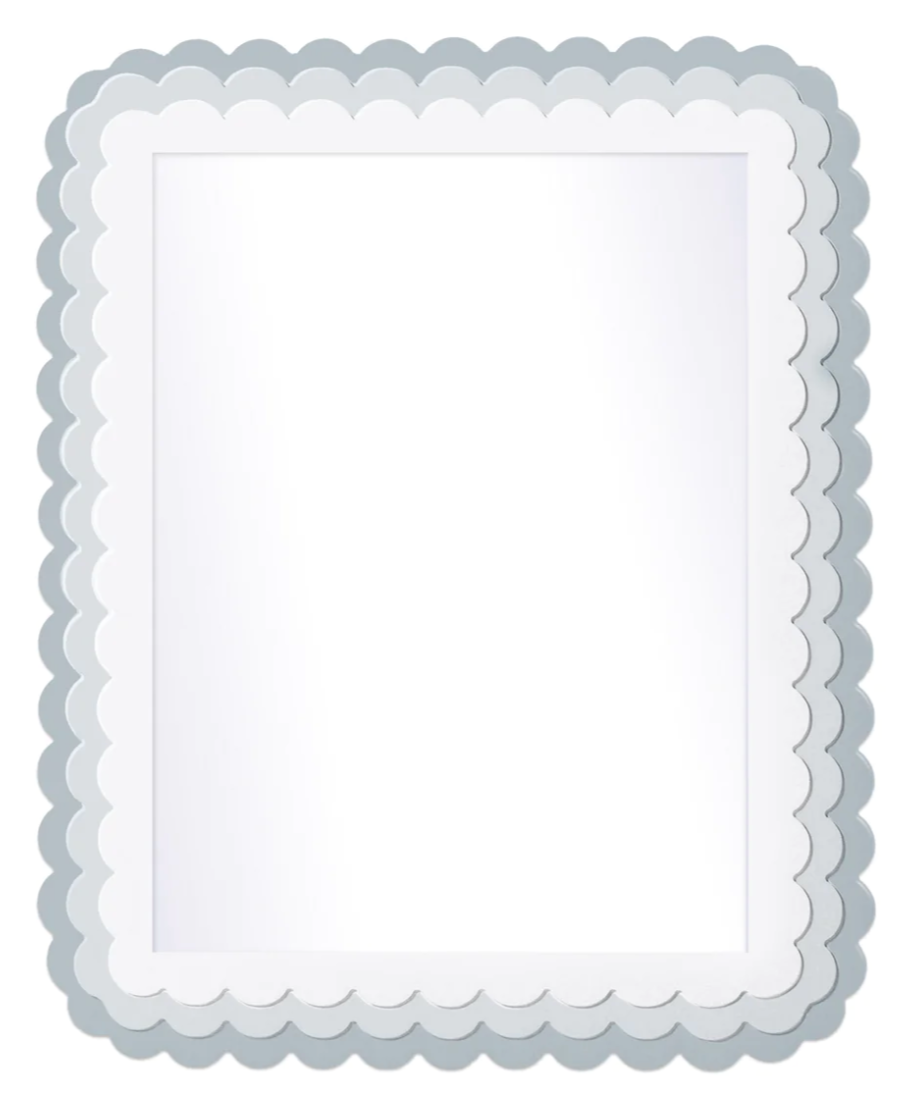 The Carnival Krewe Rectangle Mirror by Fleur Home features a scalloped silver and white frame, shown from the front against a white background.