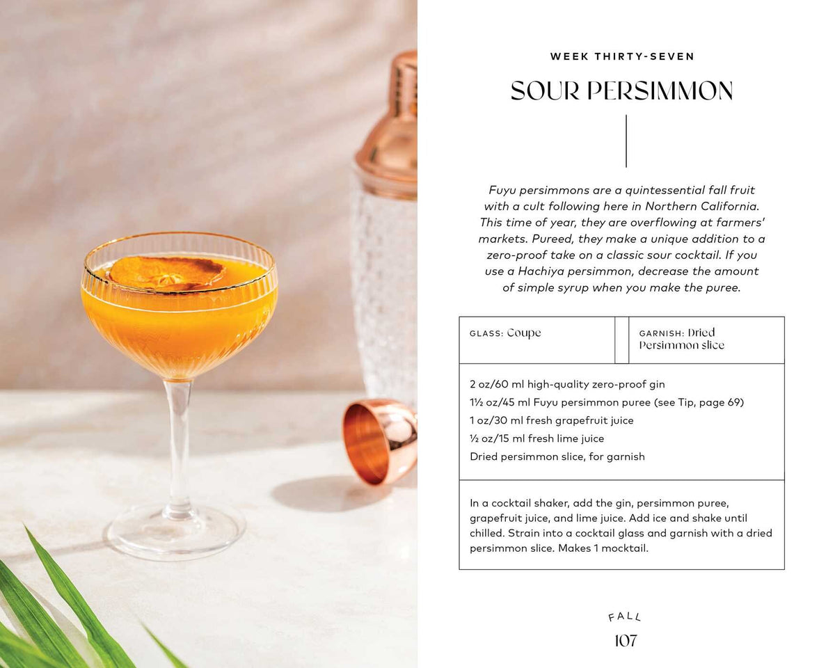A coupe glass filled with an orange non-alcoholic cocktail from Monday Night Mocktails by Simon & Schuster, garnished with a dried persimmon slice, rests on a white surface alongside a cocktail shaker and green leaves—offering perfect inspiration for those exploring refreshing mocktail recipes.