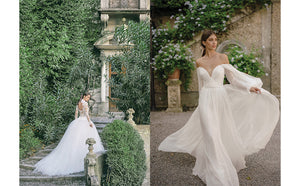 Two women in elegant bridal gowns pose outdoors; one stands on stone steps near lush greenery, while the other lifts her flowing gown from the Monique Lhuillier collection by Penguin Random House as she walks on gravel beside a stone wall adorned with plants.