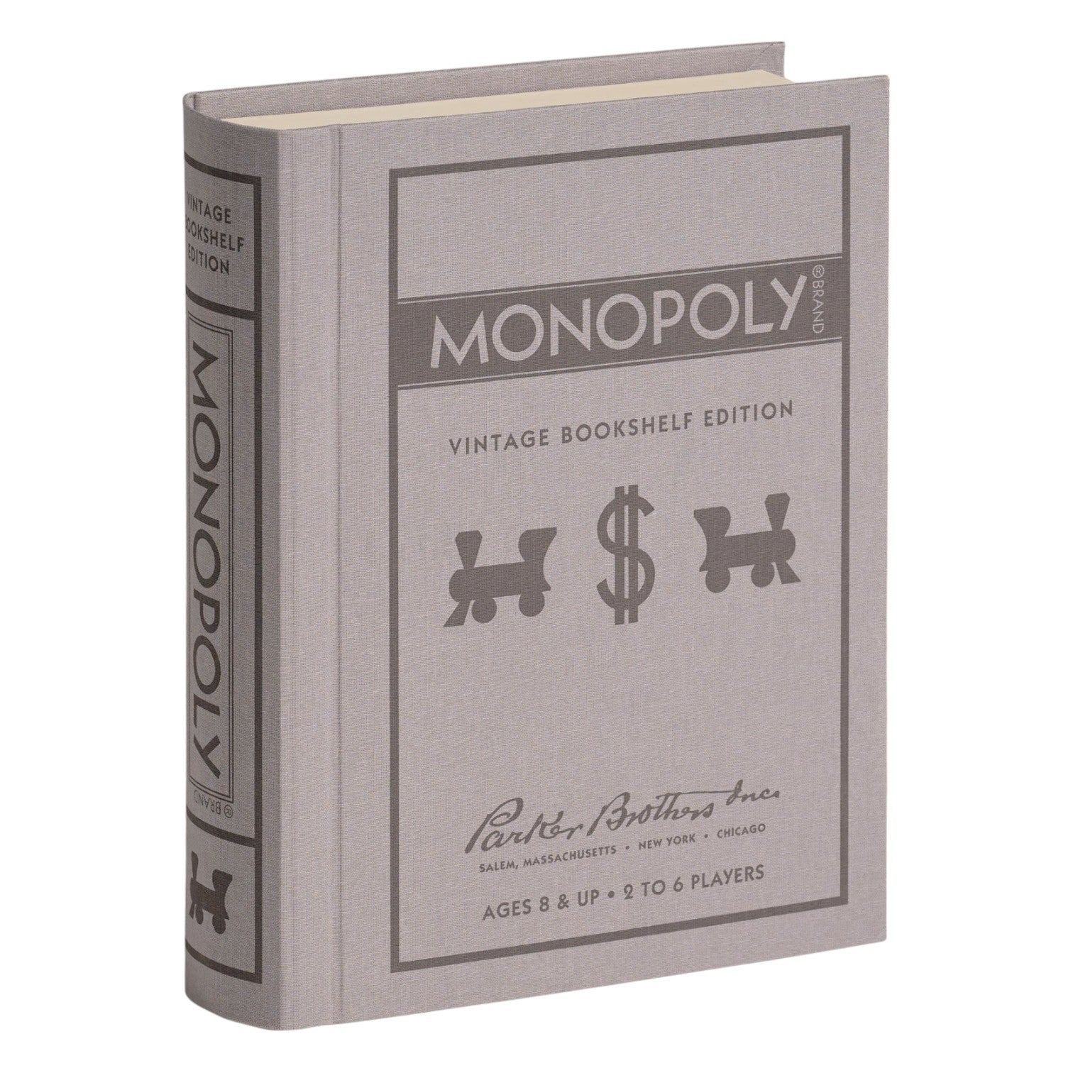 The Vintage Bookshelf Board Games by WS Game Company features a Monopoly box styled like a fabric-wrapped book, ideal for classic board game collectors.