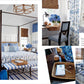 Collage of bedroom and study scenes featuring blue and white decor, wicker furniture, striped rugs, floral patterns, wooden blinds, and vases filled with blue hydrangeas—capturing the all-American decorating style explored in More Beautiful, All American Decoration by Mark D. Sikes from Rizzoli.