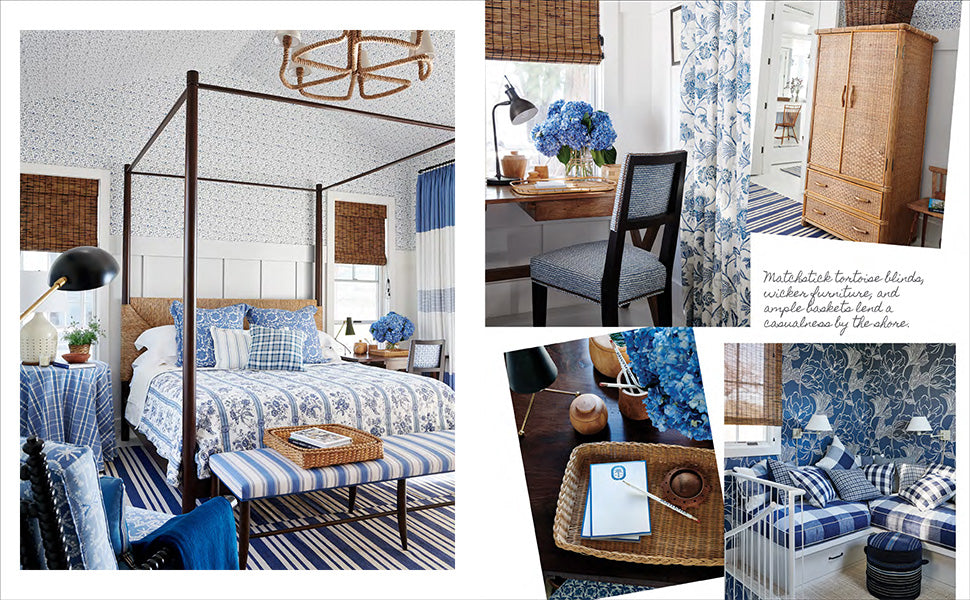 Collage of bedroom and study scenes featuring blue and white decor, wicker furniture, striped rugs, floral patterns, wooden blinds, and vases filled with blue hydrangeas—capturing the all-American decorating style explored in More Beautiful, All American Decoration by Mark D. Sikes from Rizzoli.