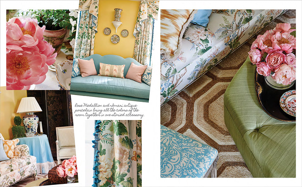 Living room collage featuring floral patterns, pastel upholstery, fresh pink flowers, decorative pillows, a lamp, and a green ottoman atop a geometric rug—evoking the timeless appeal of all-American style as showcased in “More Beautiful: All American Decoration” by Rizzoli.
