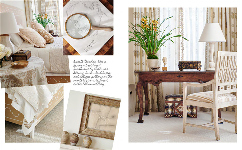 Collage of a bright bedroom with a bed, wooden desk, and chair; neutral tones, patterned curtains, houseplants, and decorative accents evoke classic home decor in a refined, elegant atmosphere inspired by “More Beautiful: All American Decoration” from Rizzoli.