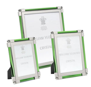 Three Moss Green Classic Frame Collection photo frames by William Yeoward Crystal, each upright and varying in size, feature green edges, silver corners, a bright finish, and elegant nickel plating.