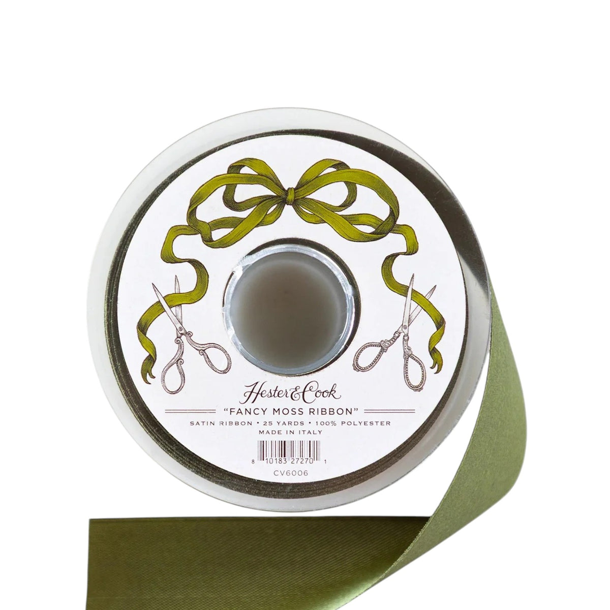 A spool of green satin ribbon labeled “Fancy Ribbon” by Hester & Cook, featuring 32 yards of luxurious 100% polyester satin made in Italy—ideal for adding a sophisticated touch to your gift wrapping.