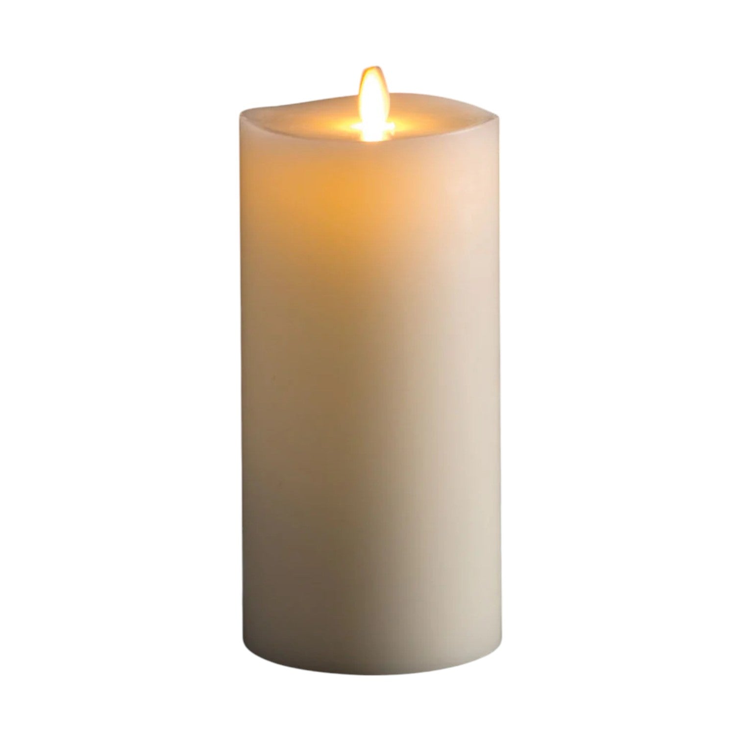 The Lightli Moving Flame Pillar Candle by Napa Home & Garden is a single white paraffin wax candle with a realistic yellow flame, shown lit against a plain white background.