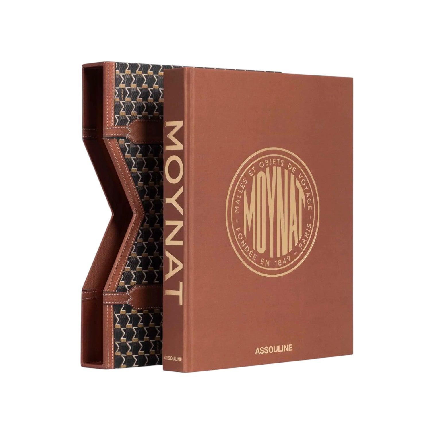 A brown hardcover book titled "Moynat" by Assouline, featuring gold cover text, stands next to a geometric-patterned slipcase with brown accents.